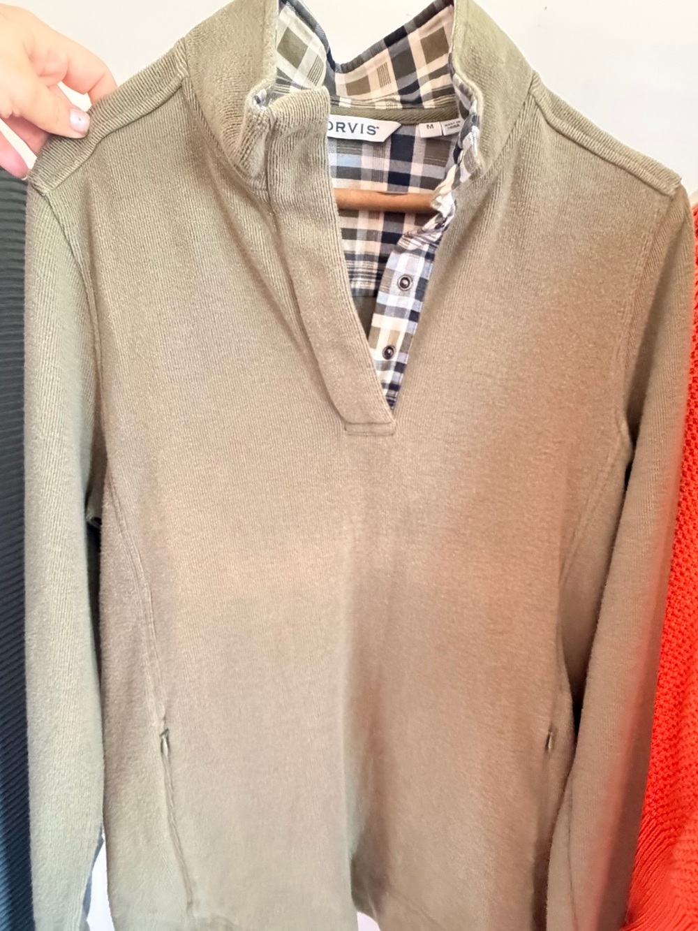 Orvis Men's Olive Green V-Neck Pullover with Plaid Trim